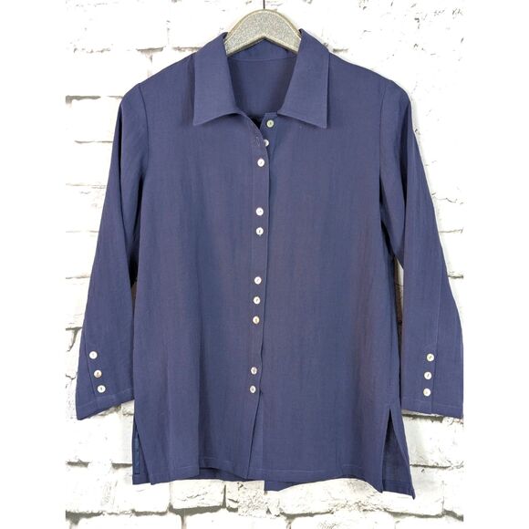 FRIDAZE 100% Linen Shirt Tunic Lagenlook Boho Minimalist Earthy Navy Blue Small - Picture 1 of 5